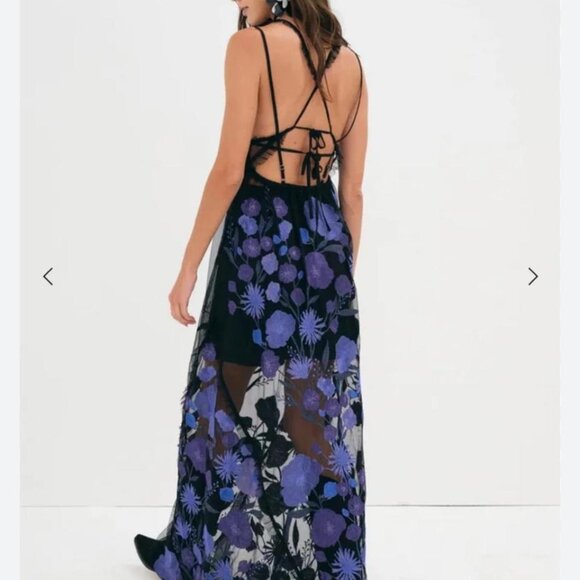 For Love Lemons Kaylee Bold Vibrant Floral Embroidered Sheer Maxi Dress S $348 - Picture 2 of 7